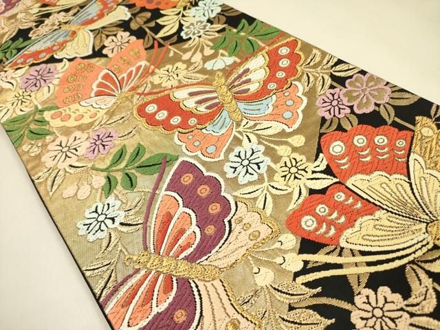 平和屋着物 六通柄袋帯 唐織 舞蝶花文 黒地 金糸 正絹 op