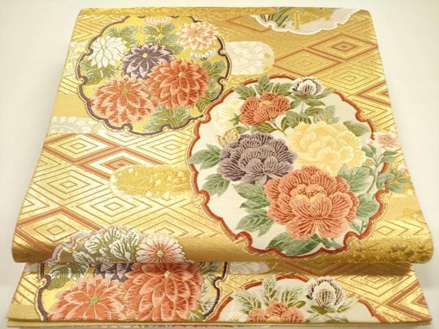 平和屋着物 六通柄袋帯 唐織 能段花菱文 金糸 正絹 op