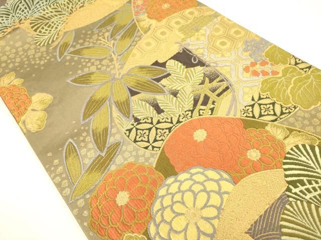 平和屋着物 六通柄袋帯 唐織 草花 金糸 正絹 op