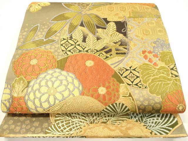 平和屋着物 六通柄袋帯 唐織 草花 金糸 正絹 op