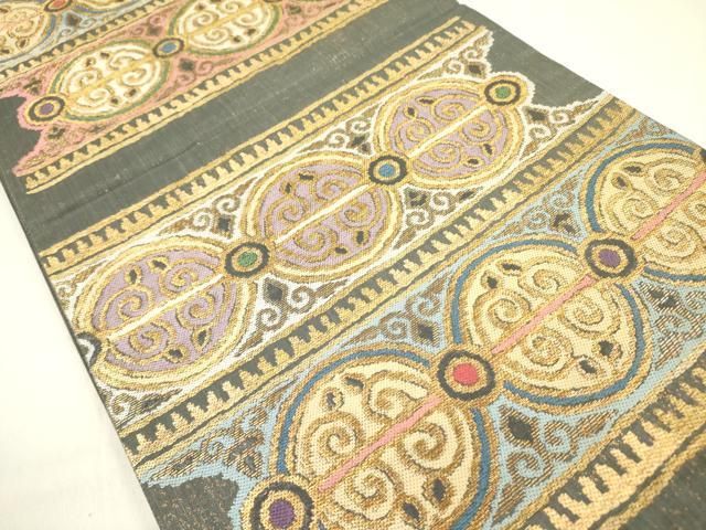 平和屋着物 六通柄袋帯 横段抽象文 金糸 正絹 op