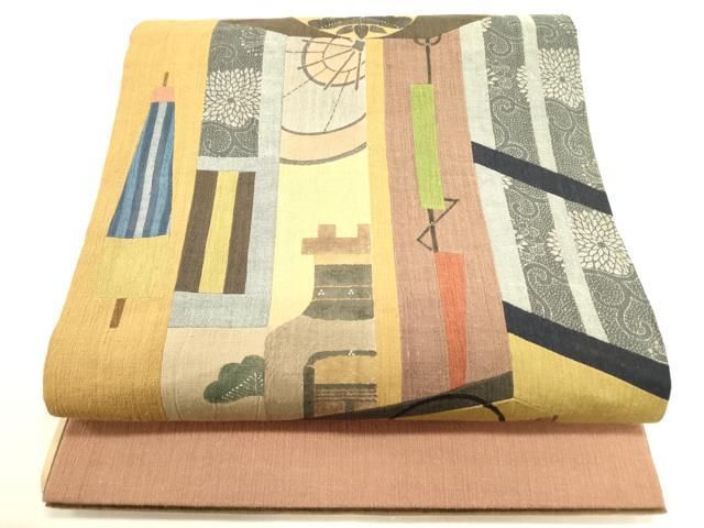 平和屋着物○太鼓柄京袋帯 紬地 切嵌 器物文様 正絹 逸品 DAAZ2239op