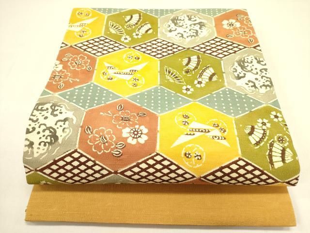 平和屋着物●九寸開き名古屋帯　型染　亀甲花文　正絹　逸品　未使用　DAAZ2260op 平和屋着物○九寸開き名古屋帯 型染 亀甲花文 正絹 逸品