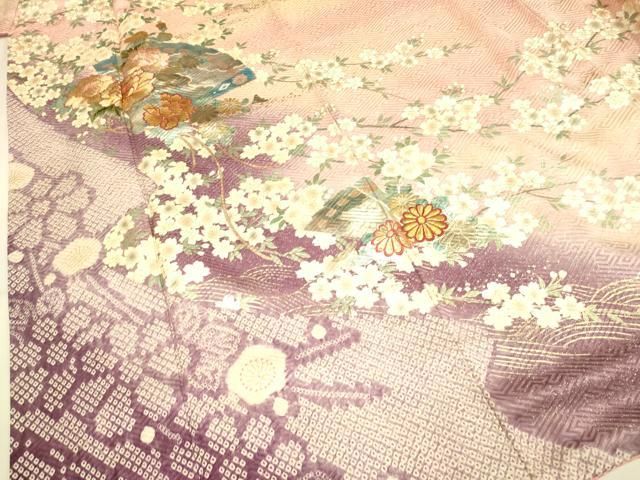 平和屋着物○豪華振袖 絞り 刺繍 檜扇花文 暈し染め 金銀