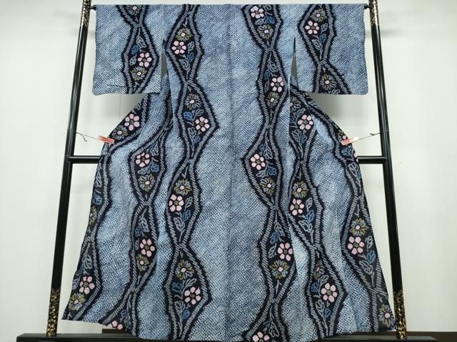 平和屋着物∴夏物 浴衣 有松鳴海絞り よろけ縞枝菊文 綿 ng