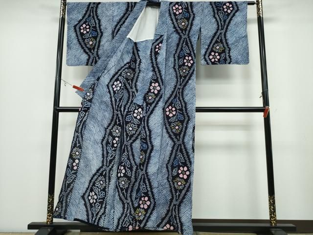 平和屋着物∴夏物 浴衣 有松鳴海絞り よろけ縞枝菊文 綿 ng