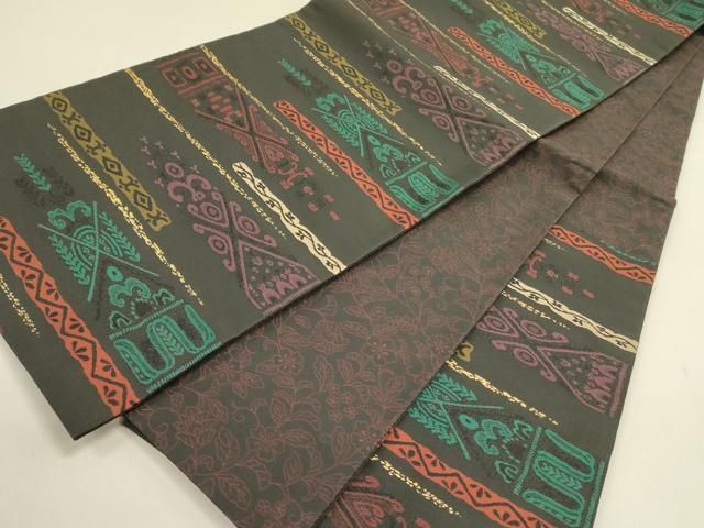 平和屋着物 両面 六通柄京袋帯 横段抽象文 黒地 金糸 op