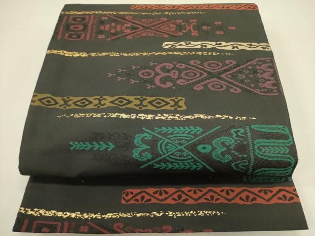 平和屋着物 両面 六通柄京袋帯 横段抽象文 黒地 金糸 op