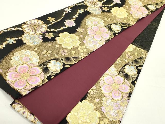  平和屋着物 六通柄袋帯 舞桜流水文 黒地 金糸 正絹 ob 袋帯 帯