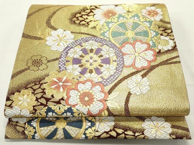 平和屋着物 六通柄袋帯 唐織 源氏車流水舞桜文 金糸 正絹 ob