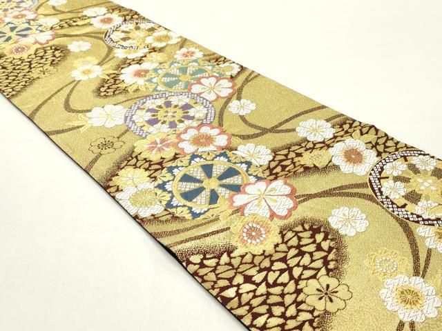 平和屋着物 六通柄袋帯 唐織 源氏車流水舞桜文 金糸 正絹 ob