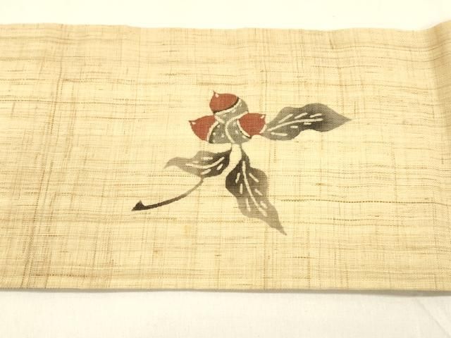 平和屋着物＊人間国宝 芹沢圭介一番弟子　下平清人　夏物　九寸名古屋帯　手描き　どんぐり　麻　逸品　DAAZ4259cm 平和屋着物＊人間国宝 芹沢圭介一番弟子 下平清人 夏物 九寸名古屋帯