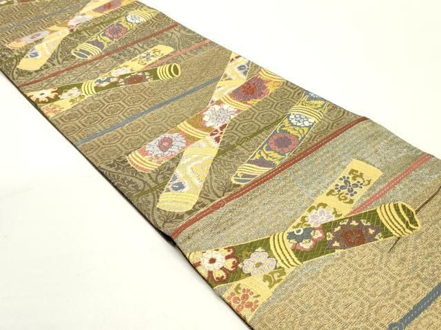 平和屋着物 六通柄袋帯 唐織 亀甲花唐草竹文 金糸 正絹 ob