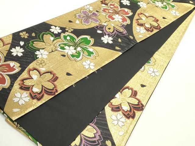  平和屋着物 六通柄袋帯 唐織 舞桜文 黒地 金糸 正絹 ob 袋帯 帯