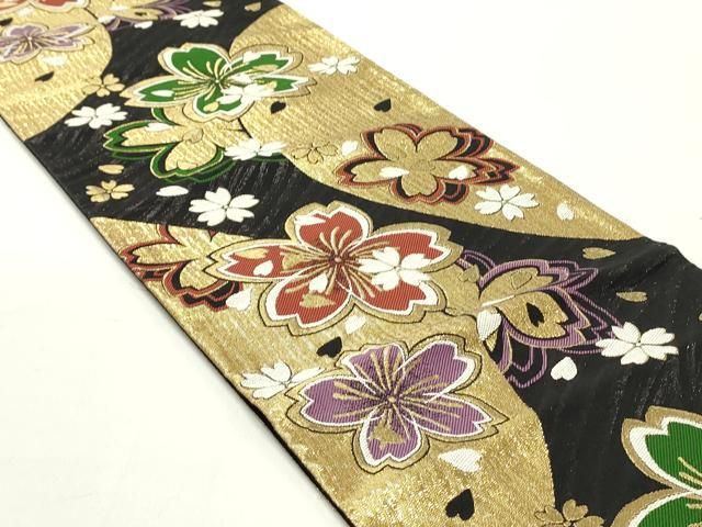 平和屋着物○六通柄袋帯 唐織 舞桜文 黒地 金糸 正絹 逸品 DAAY0411ob