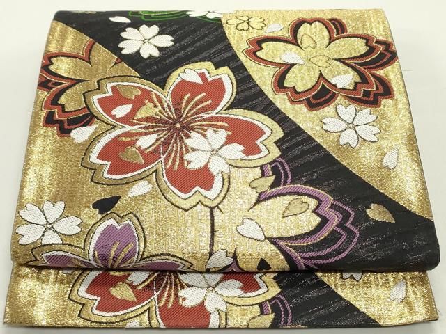 平和屋着物●六通柄袋帯　唐織　舞桜文　黒地　金糸　正絹　逸品　DAAY0411ob 平和屋着物○六通柄袋帯 唐織 舞桜文 黒地 金糸 正絹 逸品 DAAY0411ob