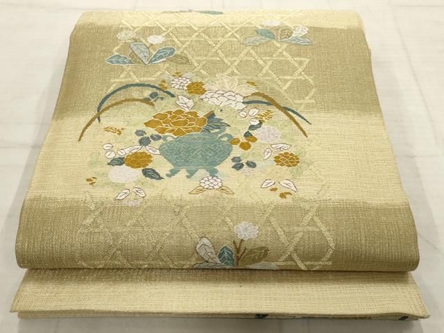 平和屋着物 夏物 明綴れ 太鼓柄袋帯 籬飾花文 金糸 正絹 wj