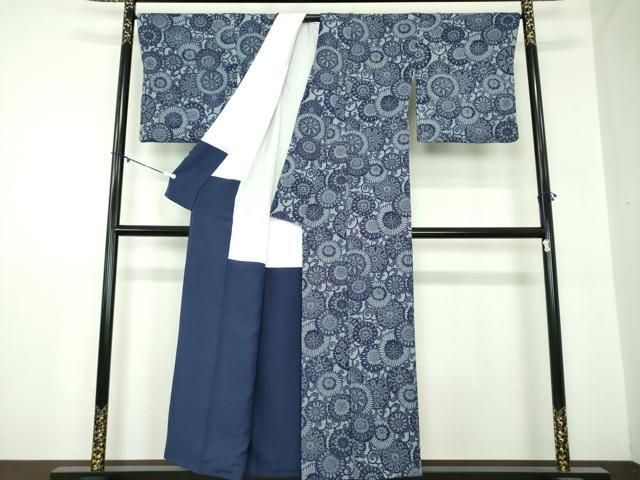  平和屋着物 本藍 型絵染 小紋 菊唐草 正絹 ps 小紋 着物