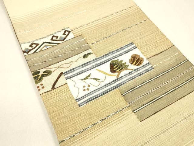 平和屋着物 スリーシーズン 春夏秋 両面 太鼓柄袋帯 すくい織 枝葉文 抽象間道 金糸 正絹 cm