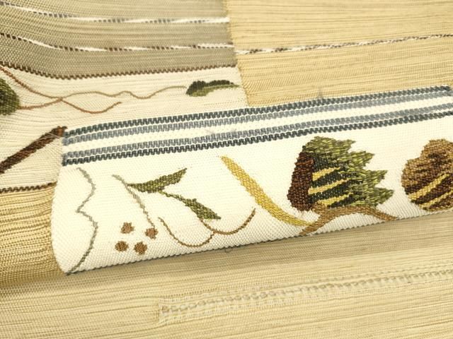  平和屋着物 スリーシーズン 春夏秋 両面 太鼓柄袋帯 すくい織 枝葉文 抽象間道 金糸 正絹 cm 袋帯 帯