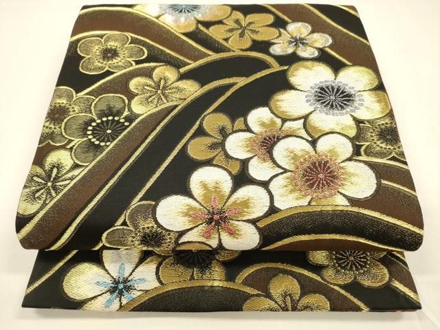 平和屋着物 六通柄袋帯 流水花文 金銀糸 正絹 cm