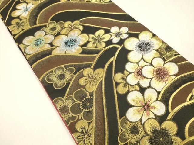平和屋着物 六通柄袋帯 流水花文 金銀糸 正絹 cm