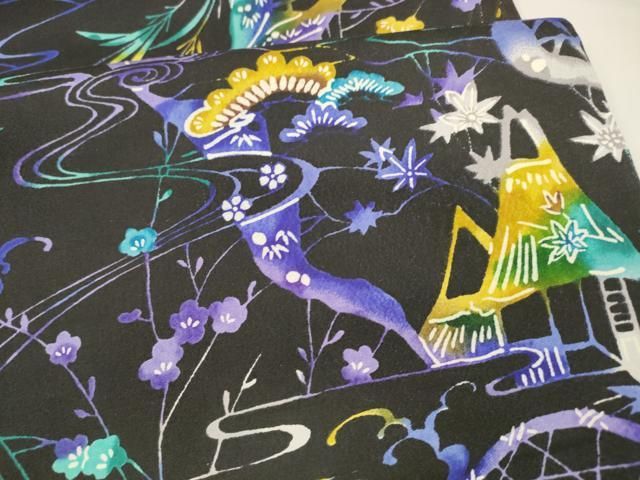  平和屋着物 全通柄袋帯 型染 風景流水草花文 黒地 正絹 cm 袋帯 帯