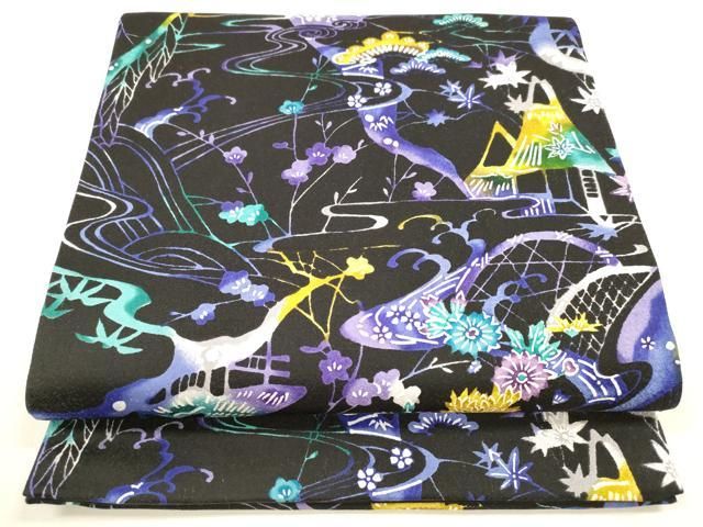 平和屋着物 全通柄袋帯 型染 風景流水草花文 黒地 正絹 cm