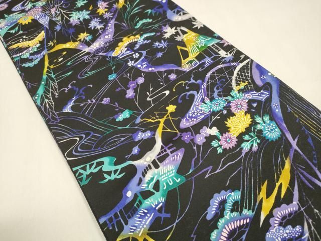 平和屋着物 全通柄袋帯 型染 風景流水草花文 黒地 正絹 cm