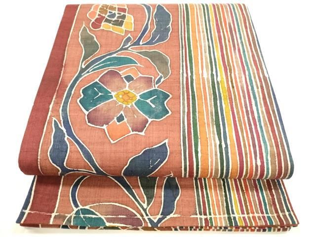 平和屋着物 六通柄袋帯 型染 紬地 枝花間道 正絹 cm