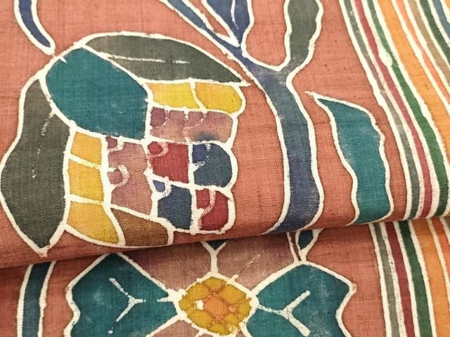 平和屋着物●六通柄袋帯　型染　紬地　枝花間道　正絹　逸品　DAAZ4182cm 平和屋着物○六通柄袋帯 型染 紬地 枝花間道