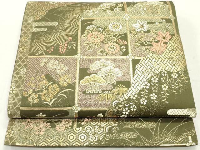 平和屋着物 六通柄袋帯 唐織 変わり市松亀甲花松文 金糸 正絹 ob