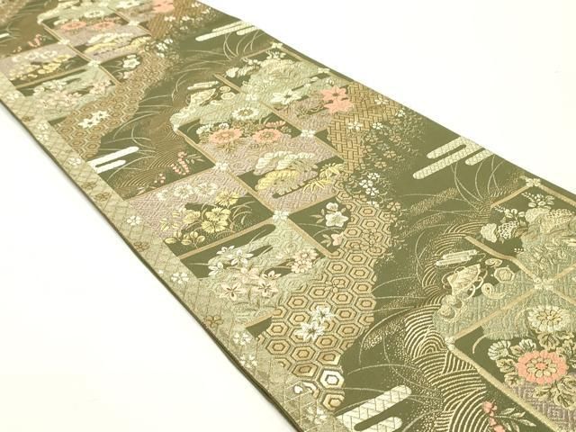 平和屋着物 六通柄袋帯 唐織 変わり市松亀甲花松文 金糸 正絹 ob