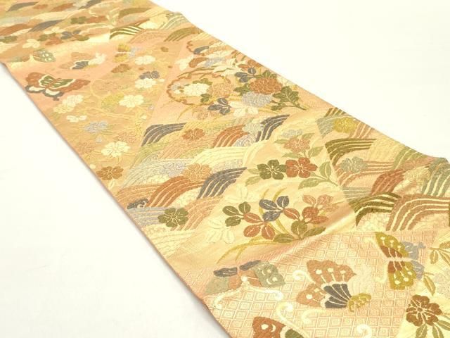 平和屋着物 佐賀錦 六通柄袋帯 唐織 切嵌雪輪花蝶文 金糸 鈴乃屋扱い 正絹 ob