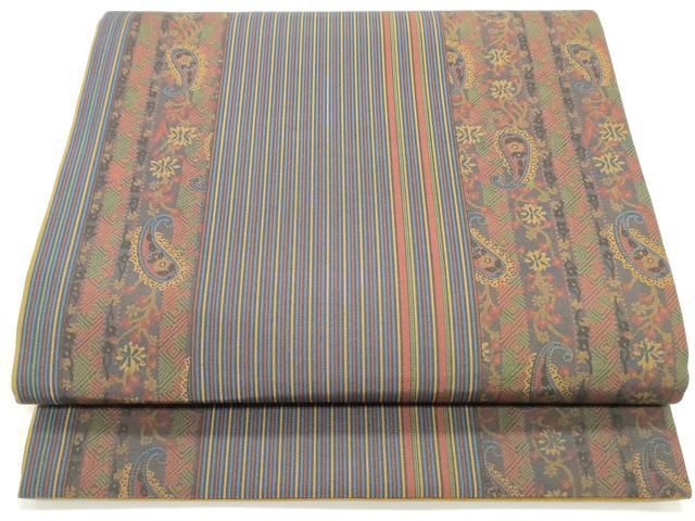 平和屋着物 全通柄袋帯 紬地 ペイズリー柄 間道 正絹 ob