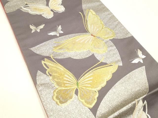 平和屋着物 西陣 両面 六通柄袋帯 舞蝶文 舞花文 金銀糸 証紙付き 正絹 cm