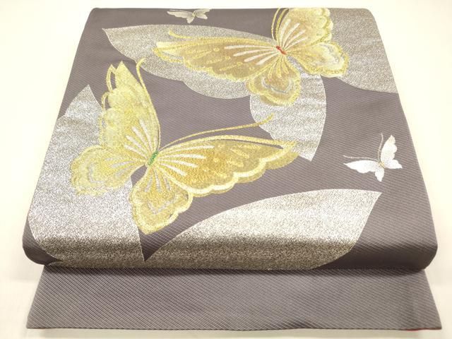 平和屋着物 西陣 両面 六通柄袋帯 舞蝶文 舞花文 金銀糸 証紙付き 正絹 cm