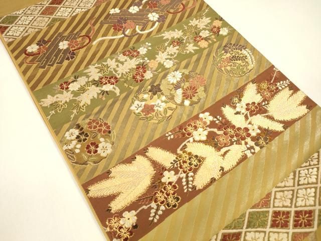 平和屋着物 西陣の名門 加納幸謹製 六通柄袋帯 唐織 松葉草花文 金糸 正絹 cm