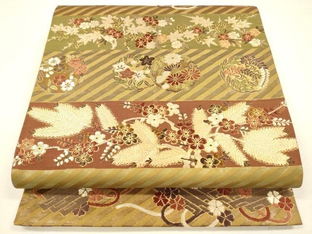 平和屋着物 西陣の名門 加納幸謹製 六通柄袋帯 唐織 松葉草花文 金糸 正絹 cm