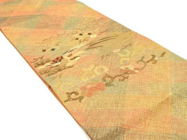 平和屋着物 ひなや工房 くむ あむ おる 伊豆蔵明彦 組織 太鼓柄袋帯 駒刺繍 吉祥花鳥松横段文 金糸 正絹 ob