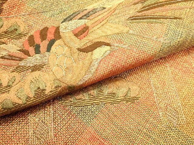  平和屋着物 ひなや工房 くむ あむ おる 伊豆蔵明彦 組織 太鼓柄袋帯 駒刺繍 吉祥花鳥松横段文 金糸 正絹 ob 袋帯 帯