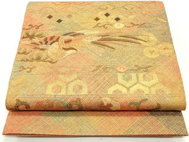 平和屋着物 ひなや工房 くむ あむ おる 伊豆蔵明彦 組織 太鼓柄袋帯 駒刺繍 吉祥花鳥松横段文 金糸 正絹 ob