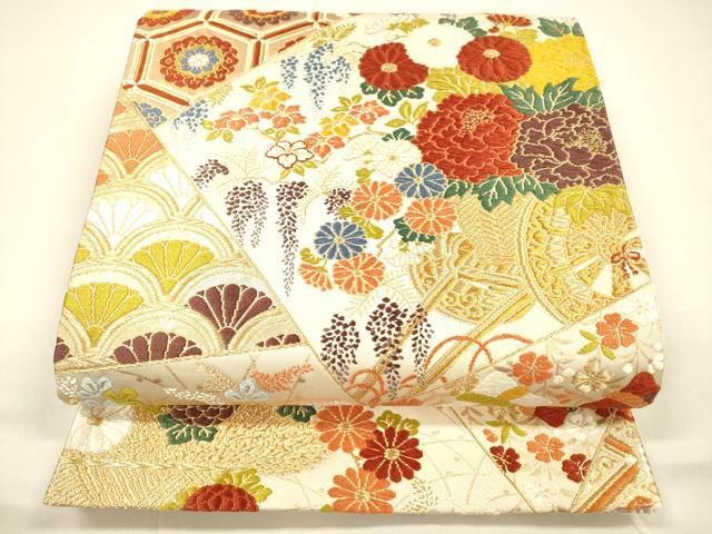 平和屋着物 西陣 河合美術織物謹製 六通柄袋帯 唐織 切嵌草花文 三越扱い 金糸 正絹 cm