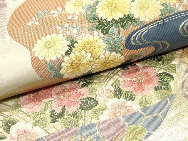  平和屋着物 六通柄袋帯 唐織 切嵌 流水草花文 金糸 正絹 ob 袋帯 帯