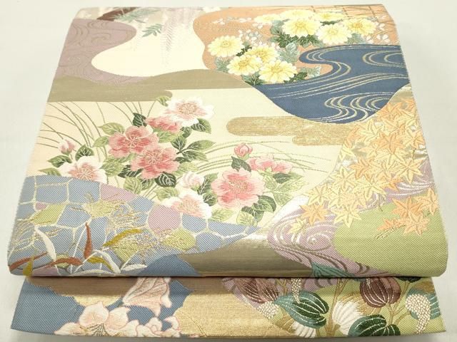 平和屋着物 六通柄袋帯 唐織 切嵌 流水草花文 金糸 正絹 ob