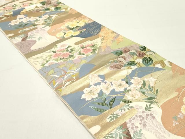 平和屋着物 六通柄袋帯 唐織 切嵌 流水草花文 金糸 正絹 ob