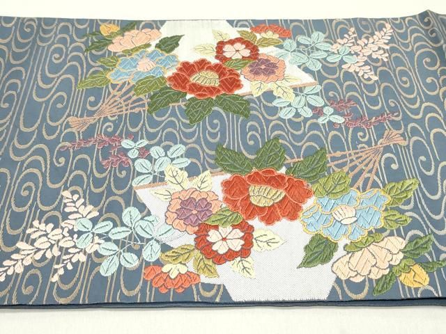  平和屋着物 六通柄袋帯 唐織 流水檜扇草花文 金糸 正絹 ob 袋帯 帯