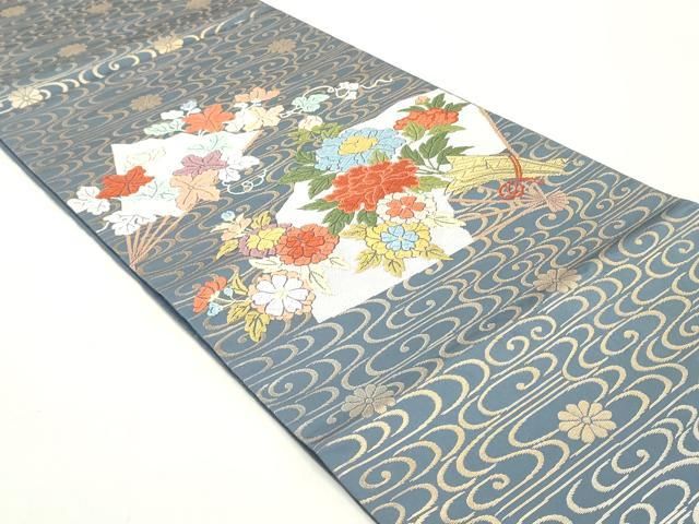 平和屋着物 六通柄袋帯 唐織 流水檜扇草花文 金糸 正絹 ob