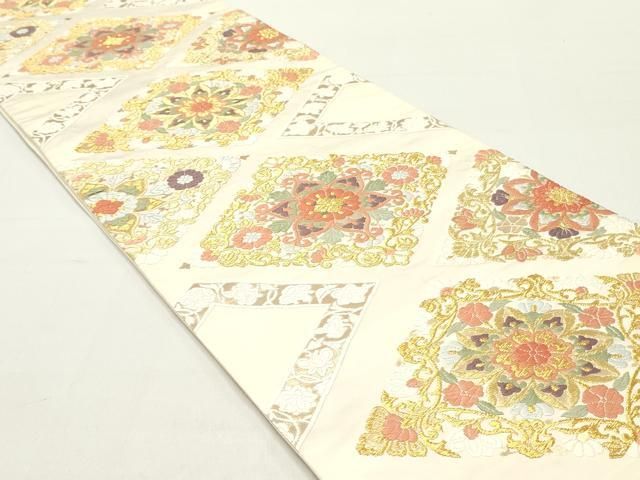 平和屋着物 六通柄袋帯 唐織 花唐草菱文 金糸 正絹 ob