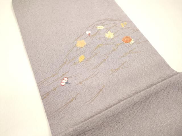 平和屋着物○九寸名古屋帯 駒刺繍 松葉草花文 金彩 鬼しぼ